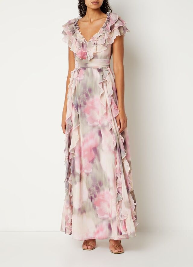 Ted Baker - Maxi jurk met bloemenprint en strikceintuur  - Lichtroze - voorkant