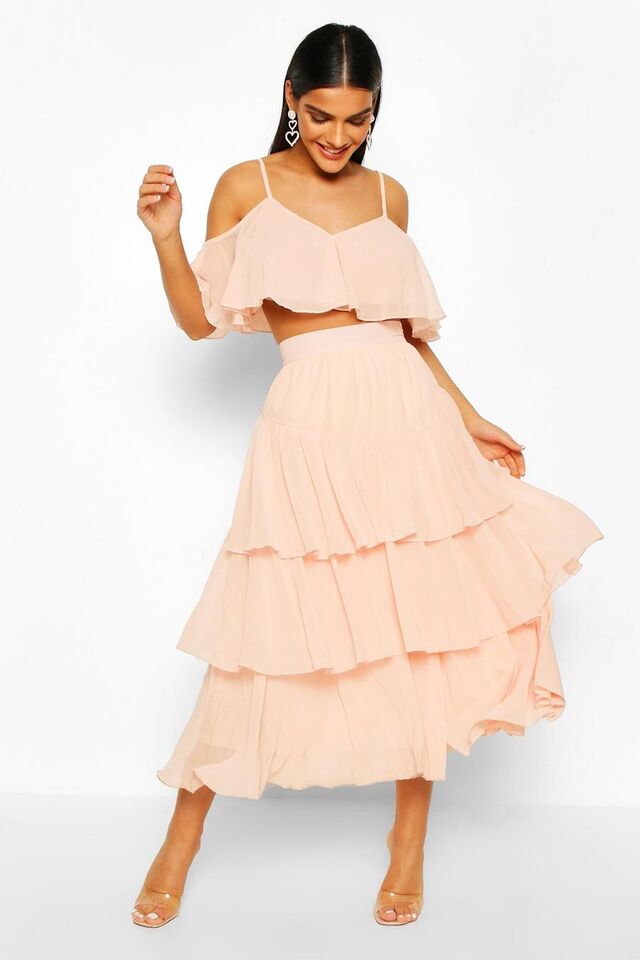 Blush pink Chiffon Top En Midi Rok Met Ruches image number 1