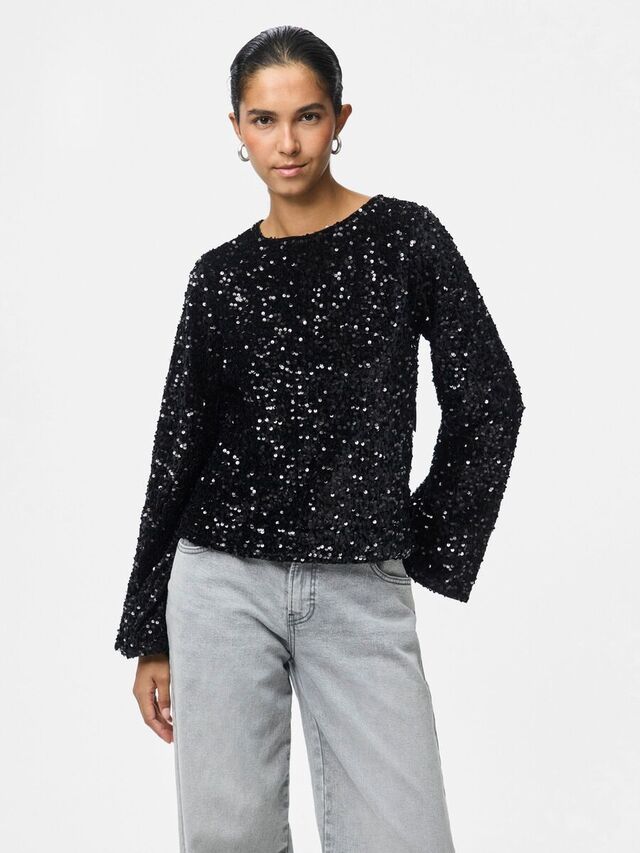 Carousel image - PCKAM PAILLETTEN STRIK BLOUSE MET LANGE MOUWEN, Black | 1