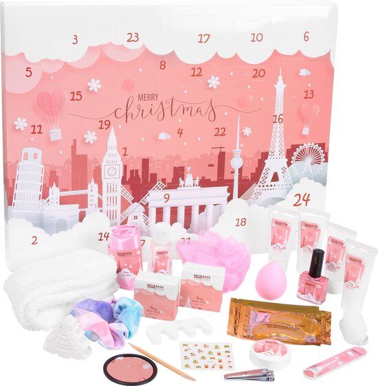 BRUBAKER Cosmetics Beauty Adventskalender 2025 - de XXL Wellness Kerstkalender voor Dames - 24 x Lichaamsverzorging Producten & Spa Accessoires - Pink Skyline