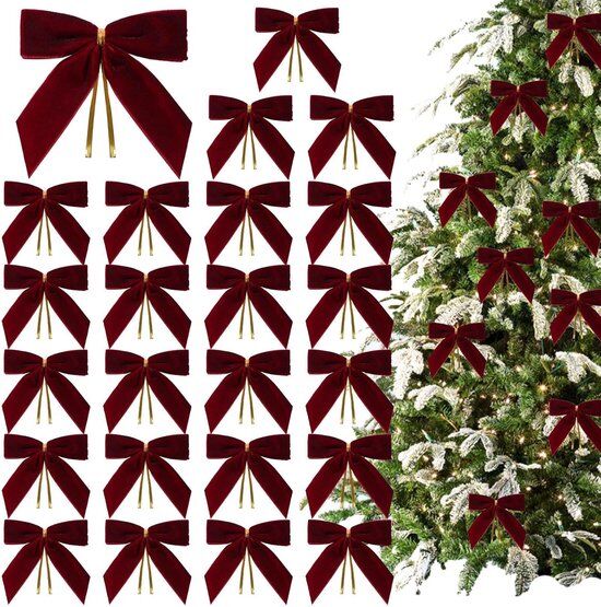 24 Stuk Fluwelen Kerststrikken - Glitters - Kerst Decoratie Strikjes - Kerstversiering - Kerstboom Decoratie - Kerststrikjes - Kerstsfeer - Christmas - 3,5 x 3,5 inch - Voor Kerstfeest, Kerstboom, Binnen, Knutselen - Wijnrood