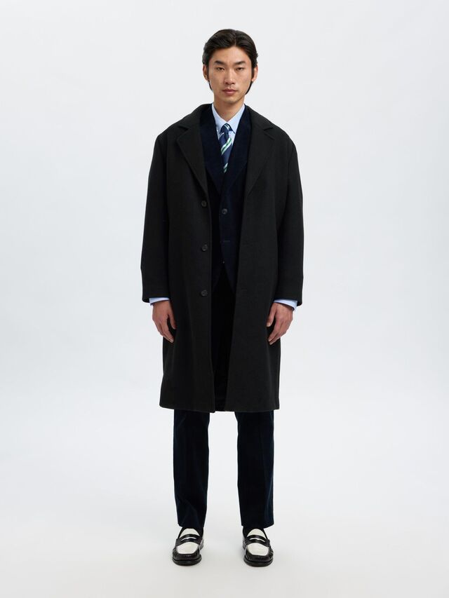 WOOL BLEND LONG COAT, Black, highres