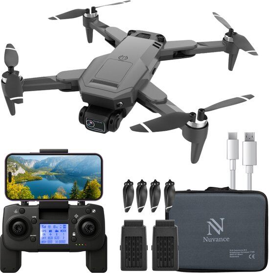 Nuvance - Drone met Camera en GPS - 1080p Mini Camera - voor Buiten en Binnen - inclusief Opbergtas en 2 Accu's - Mini Drone - Drone voor Kinderen en Volwassenen - Drones