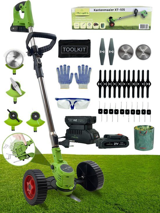 MOWZA® 4-in-1 Kantenmaaier – Grastrimmer – Bosmaaier – Grasmaaier – Draadloos & Elektrisch – Incl. 2 Accu ‘s & Snellader - Groen/zwart