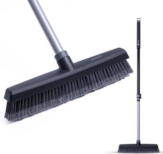 CLEANLY Bezem Binnen en Buiten met Telescopische Steel 115-142 cm - Borstel met Steel - Straatbezem - Kamerveger - Zaalveger - Zachte Bezem - Binnen Bezem - Breedte 35 cm - Zwart, Grijs