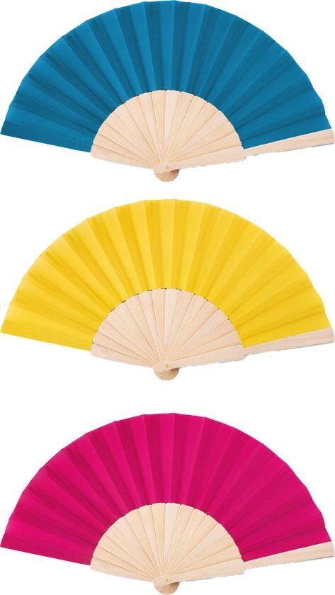 Lupine - Handwaaier Set - 3 Stuks Waaier - Hout - Festival & Strand - Lichtblauw, Geel, Fuchsia Roze - 41 x 22 cm