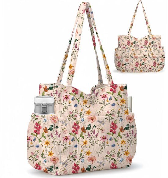 Grote Strandtas Dames XL - 38.5 x 36 cm - Corduroy Tote Bag - Vintage Bloemenprint - Shopper met Zijvakken & Rits - Grote Capaciteit voor Handdoek & Zonnebrand - Voor Vakantie & Strand