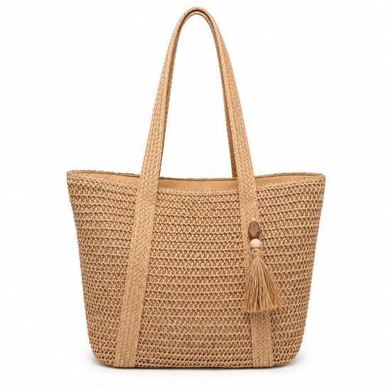 Strandtas Dames - Gevlochten Shopper met Ritssluiting - Grote Strandtas - Binnenvak - Bruin