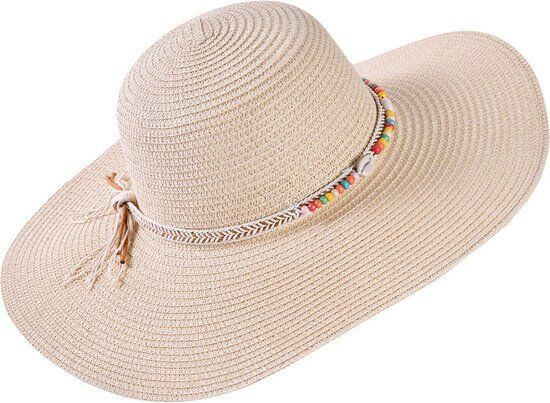 Decopatent - Zonnehoed Dames - Ibiza Style - Zomerhoed met Schelpen en Kralen - Strohoed UV - Strandhoed Hoofddeksel met Brede rand - Hoed voor Volwassenen - Kleur: Naturel
