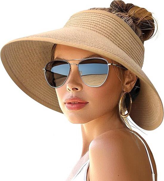 Zonnehoed - Dames zonnehoed - Strandhoed met brede rand - Dames strandhoed met brede rand - Stro zonnehoed - Oprolbare strandhoed - Paardenstaart - Opvouwbare stro reiszonnehoed Zomer - UV-bescherming - Opvouwbaar - Strandvakantie - Khaki