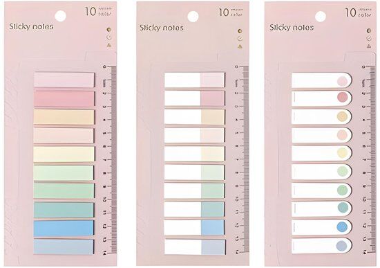 Drie pakken transparante sticky notes, met liniaal, in pastelkleuren: roze, geel, groen, blauw.