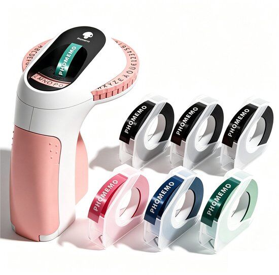 Roze en witte labelmaker met draaiwiel en zes rollen met etiketband in roze, zwart, grijs, blauw en groen.