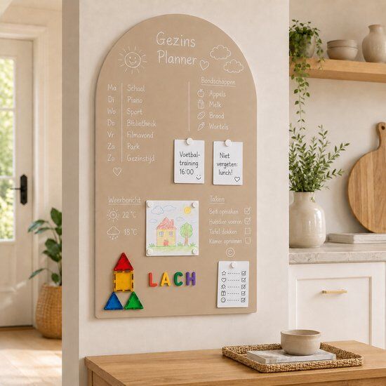 Bruin, boogvormig magneetbord met agenda en takenlijst in een keuken.