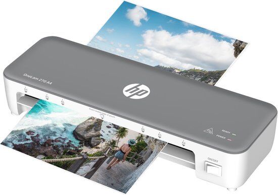 HP OneLam 270 A4 lamineerapparaat in wit en grijs, waarbij twee foto's worden gelamineerd.