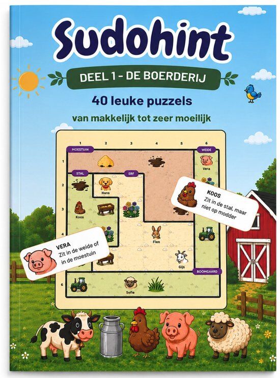 Boekcover van Sudohint Deel 1: De Boerderij, met boerderijdieren en een puzzel. Geïllustreerd met een boerderij.