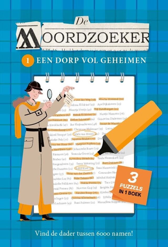 Boekomslag van 'De moordzoeker' met een illustratie van een detective die naar een lijst met namen wijst met een markeerstift.