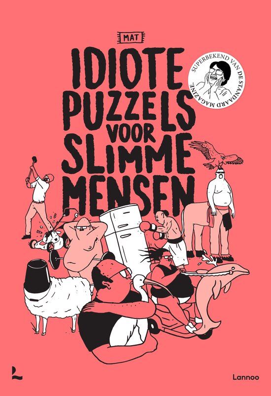 Boekomslag met de titel 'Idioten Puzzels voor Slimme Mensen' in dikke letters. Rondom de titel staan diverse stripfiguren.