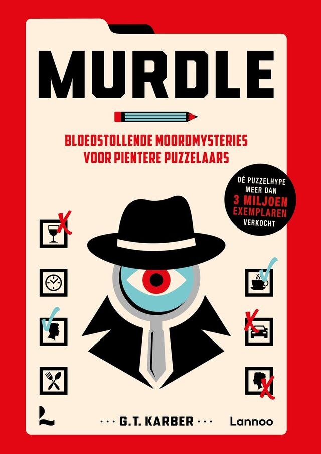 Boek met de titel MURDLE, bloedstollende moordmysteries voor pientere puzzelaars. Illustratie van een oog achter een vergrootglas en een detective.