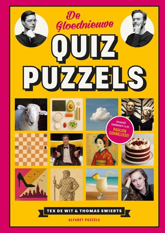 Cover 'De Gloednieuwe QuizPuzzels' met Tex de Wit en Thomas Swierts bovenaan en een mozaïek van afbeeldingen.