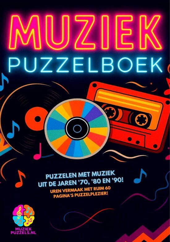 Muziekpuzzelboek met neonletters, vinylplaat, cassettebandje en muzieknoten.