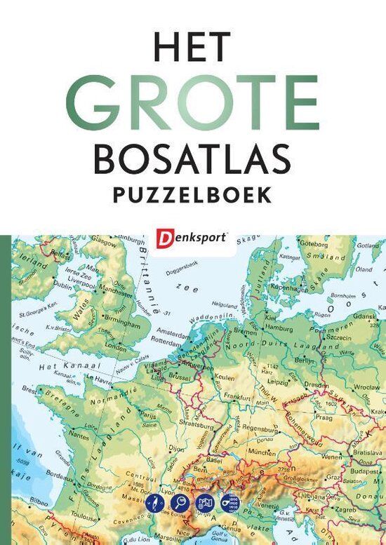 De cover van het "Grote Bosatlas Puzzelboek" toont een kaart van Noord- en West-Europa, met onder andere Nederland, Verenigd Koninkrijk en Scandinavië.