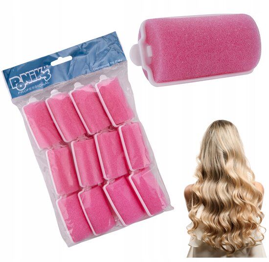 Set van roze schuimrollers, inclusief één losse roller en een afbeelding van blond haar met krullen.