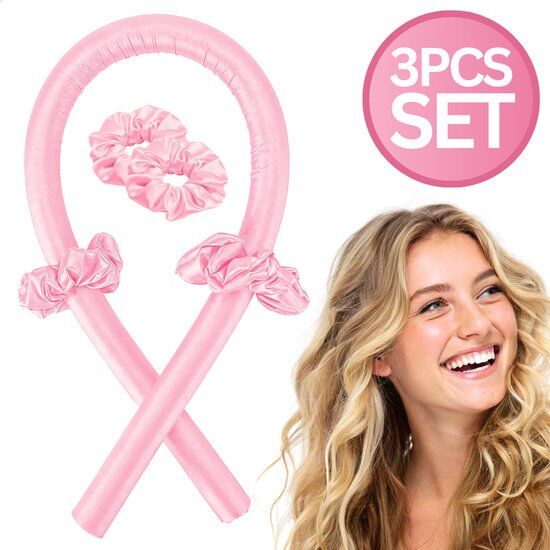 Roze satijnen haarkruller, 95cm lang, met 2 scrunchies. Linksboven '3PCS SET'. Rechts een lachende vrouw.