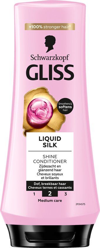 Roze fles Gliss Liquid Silk Shine Conditioner met goudkleurige, zijdeachtige textuur en roze gelbal. '+100% sterker haar'.