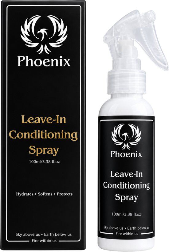Zwarte verpakking en witte sprayfles met Phoenix logo en "Leave-In Conditioning Spray" in goudkleurige letters.