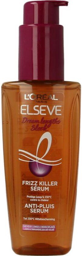 L'Oréal Paris Elseve Dream Lengths Frizz Killer Serum. Bruine fles met paarse pomp. Beschermt tot 230°C tegen hitte.