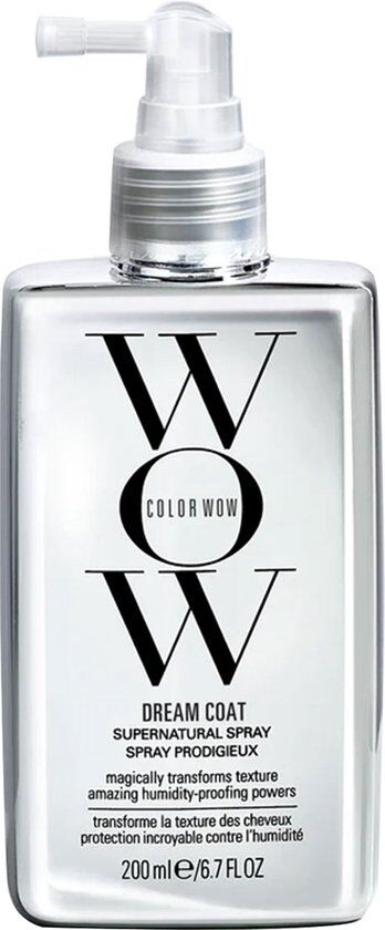 Voorzijde van de zilverkleurige fles van Color Wow Dream Coat Supernatural Spray.