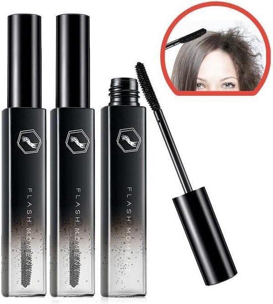 Drie zwarte mascara-tubes, waarvan twee gesloten en één met deksel los en borsteltje eruit. Klein rond kader met vrouw die mascara aanbrengt.