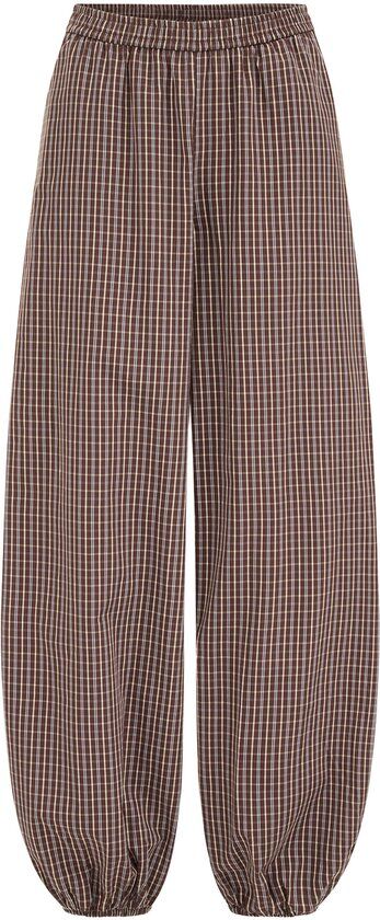 Bruine ballonbroek met ruitpatroon in bruin, wit en lichtblauw. Elastische tailleband.
