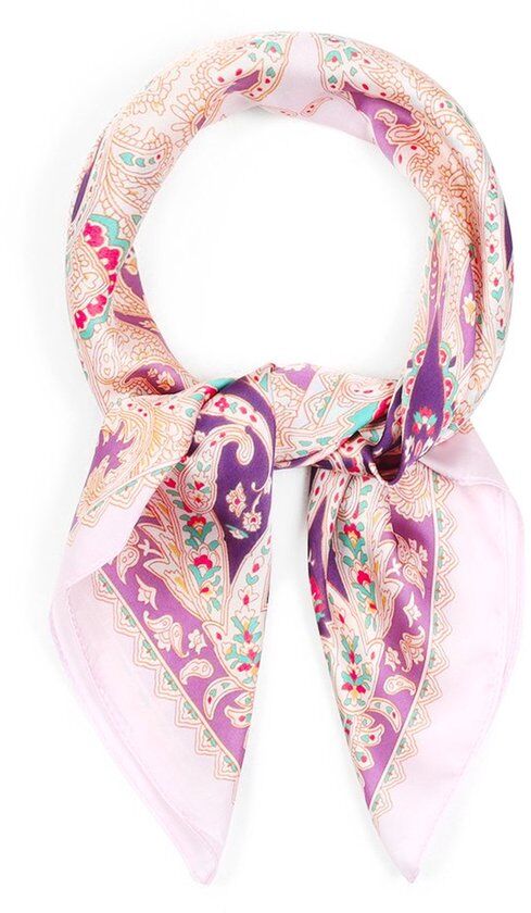 Gevouwen paisley-print sjaaltje om de nek in roze, paars en groen.
