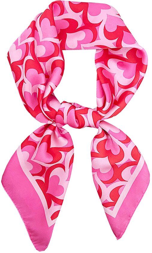 Roze sjaal met een patroon van rode en lichte harten, met een effen roze rand.