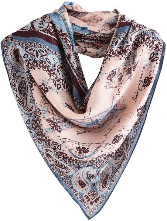 Driehoekige sjaal met kaart- en paisleyprint in roze, blauw en bruin.