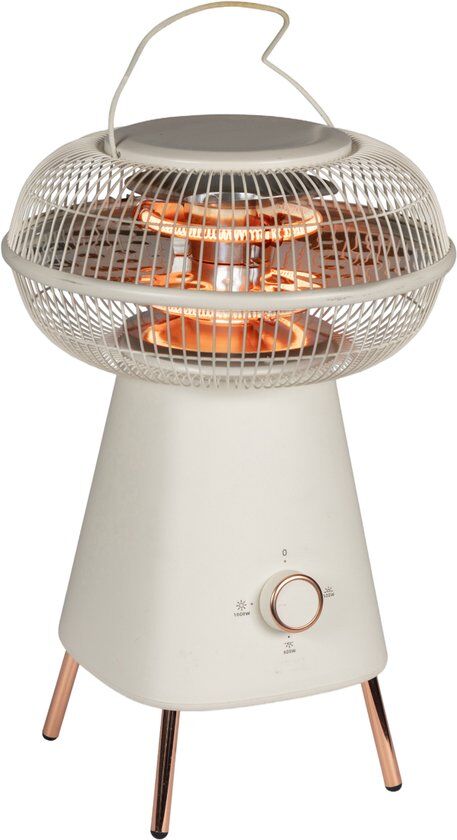 Witte retro kachel met koperen pootjes en een bolvormige metalen kap met verwarmingselementen.