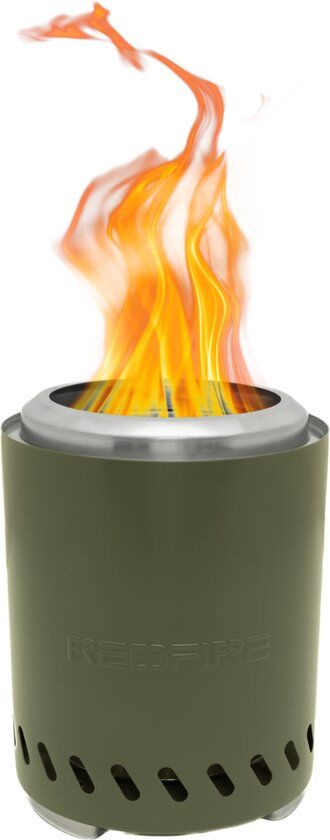 De olijfgroene RedFire tafelhaard staat aan met heldere vlammen, op een witte achtergrond.