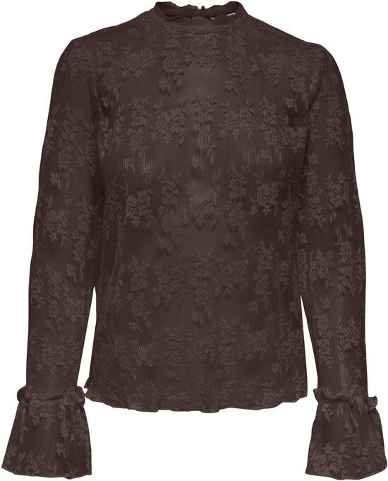 Bruine kanten blouse met bloemenpatroon, lange mouwen met ruches en hoge halslijn.