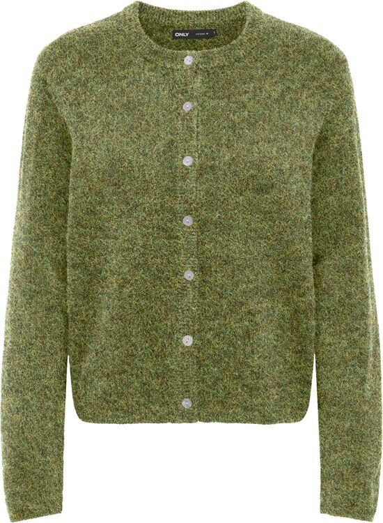 Groene gebreide cardigan met ronde hals, knopen en lange mouwen.