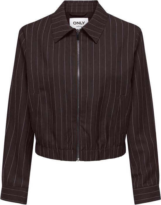 Bruin pinstripe bomberjack met zilveren rits en kraag.