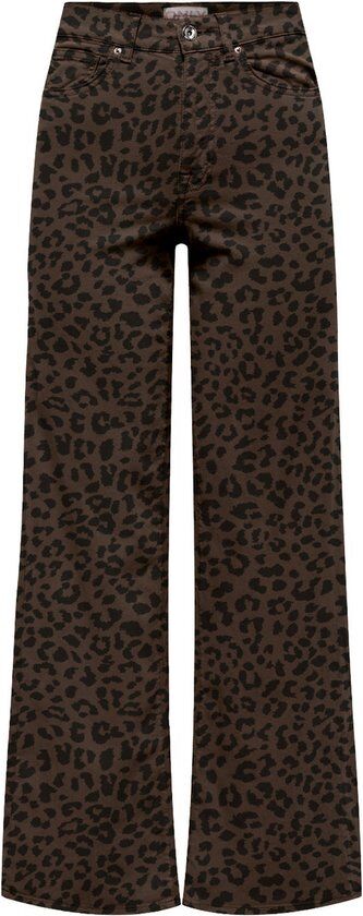 Bruine jeans met luipaardprint en wijde pijpen, voorkant zichtbaar.