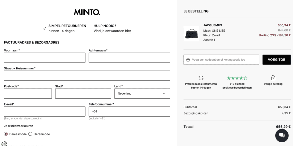 Miinto kortingscode invullen